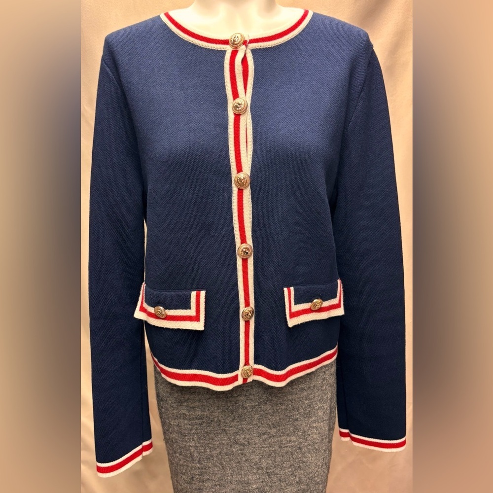 Voy Women's Navy Open Front Color Block Button Down Cardigan Sweater Sz Medium